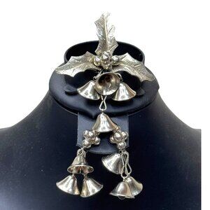 Vintage Silver Tone Jeanne Holly & Bell Brooch & Earrings Set Christmas Holiday